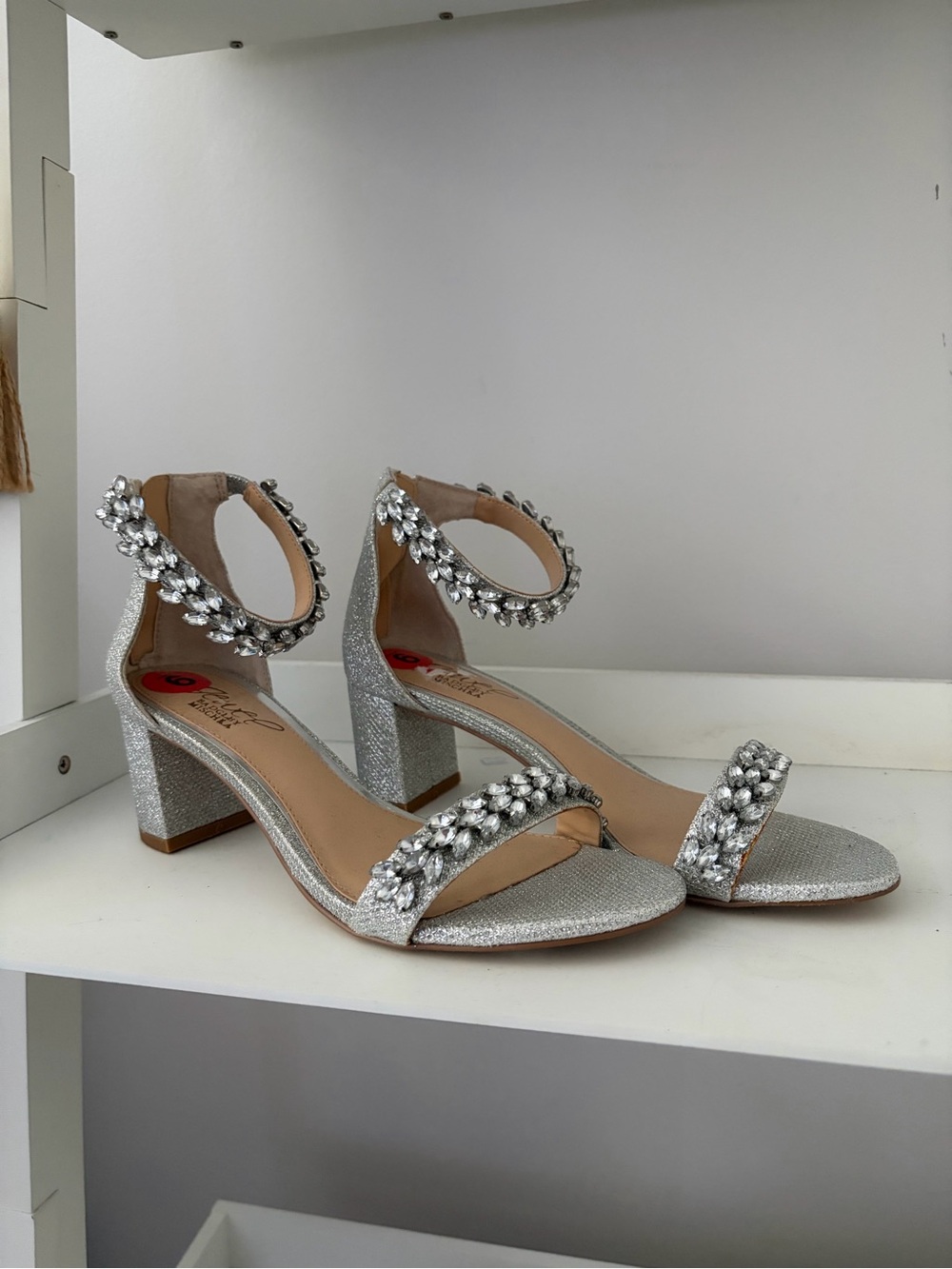 Jewel Badgley Mischka Silver Crystal Ankle-Strap Block Heels